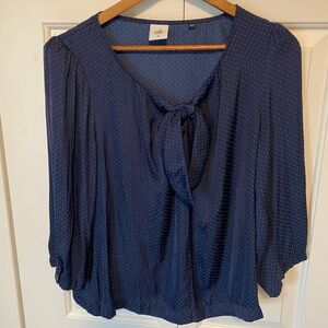 Cabi Navy Blue Polka Dot Blouse with Tie Detail